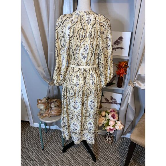 Harlow & Rose L  Boho Style Midi Dress Cream Paisley Floral Print Belt Dress - Picture 7 of 12